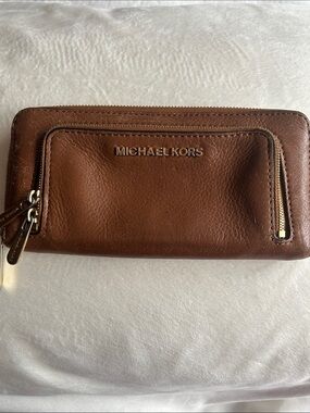 Michael Kors Brown Pebbled Leather Continental Wallet with Front Zip